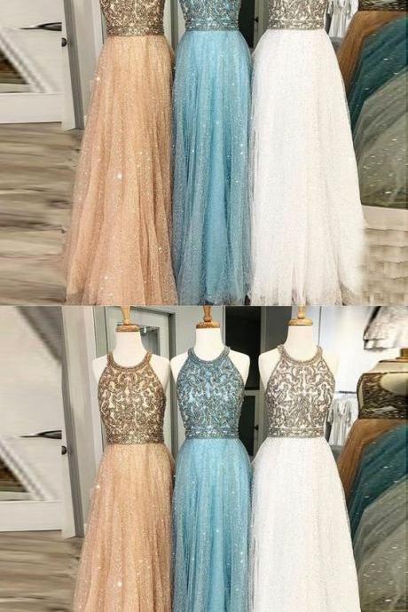 Shiny A-line Jewel Open Back Sequined Pink Tulle Prom Dress With Beading M5761