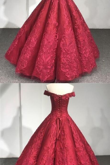 Ball Gown Off-the-shoulder Dark Red Tulle Appliques Prom Dress M5790