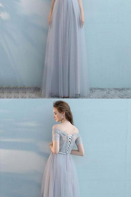 Gray Tulle Lace Long Prom Dress, Gray Tulle Bridesmaid Dress M5791
