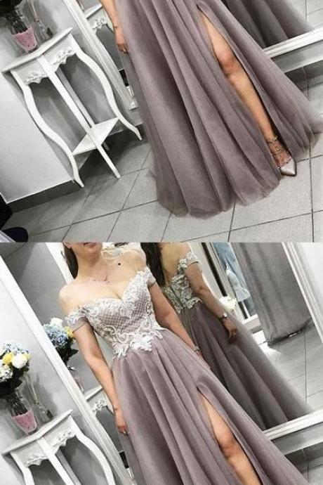 GRAY TULLE LACE LONG PROM DRESS, GRAY LACE EVENING DRESS M5800