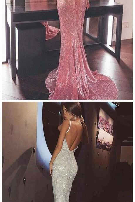Mermaid Spaghetti Straps Backless Pink Sequined Prom Dress M5802
