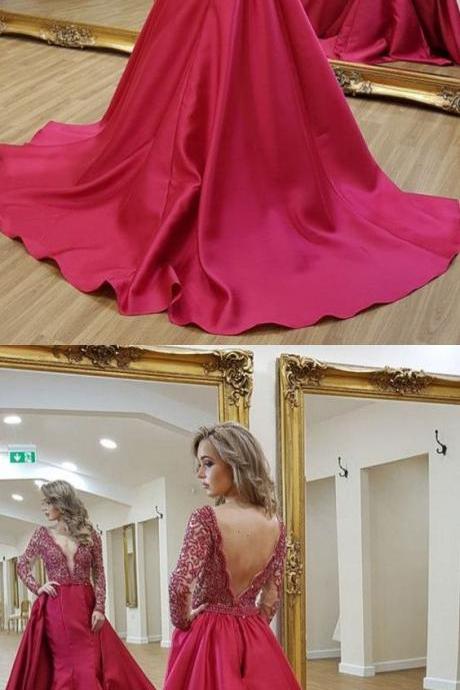 Stunning A-line V Neck Open Back Red Satin Long Sleeve Prom Dresses With Lace,charming Formal Party Dresses M5806