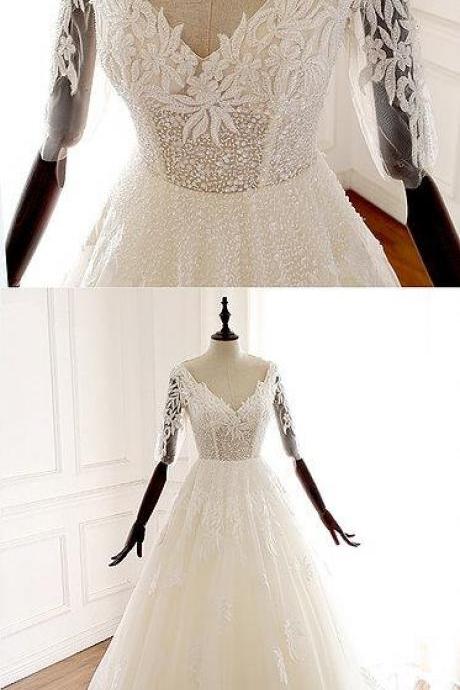 White V Neck Tulle Lace Long Prom Dress, White Tulle Wedding Dress M5808