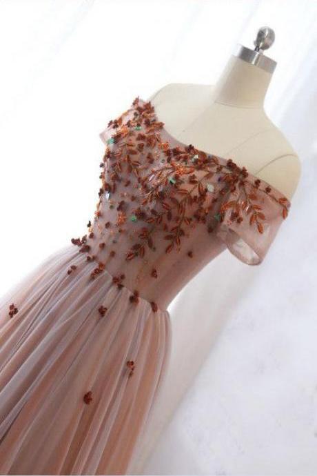 Chic A-line Off-the-shoulder Tulle Applique Lace Prom Dress Evening Dresses M5816