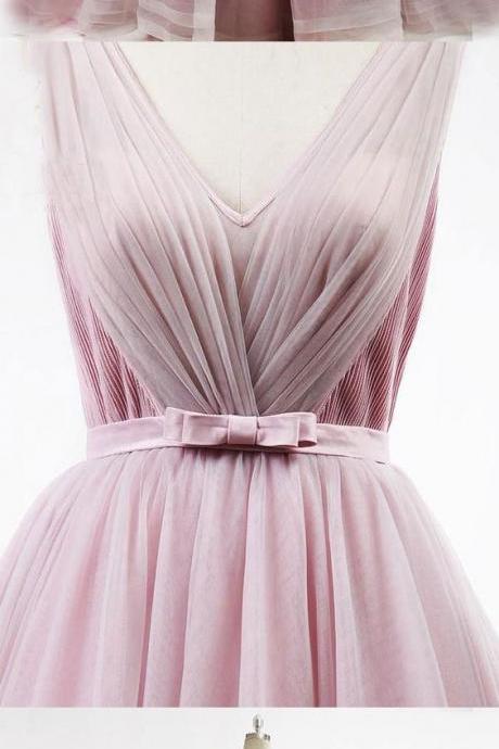 Chic A-line V Neck Tulle Prom Dress Simple Pink Evening Dresses Formal Dresses M5818