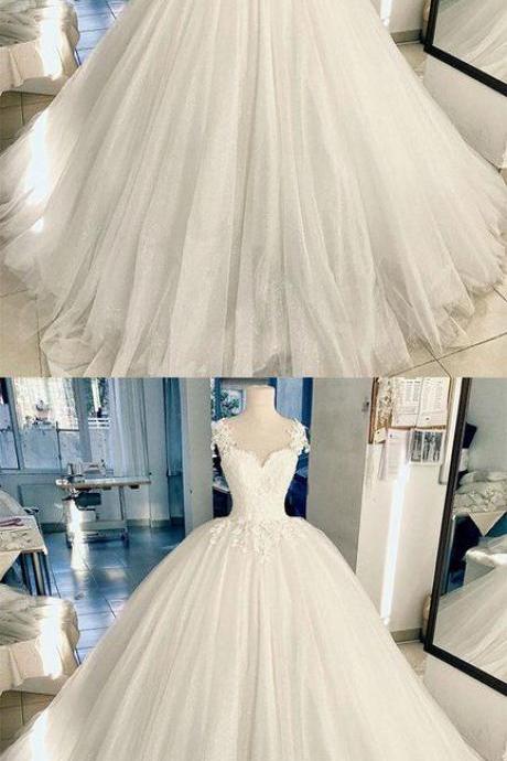 White Lace Tulle Long Prom Dress, White Lace Wedding Dress M5822