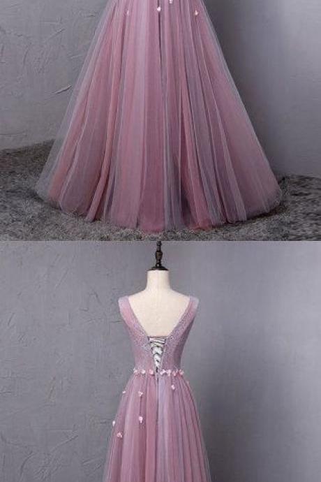Pink V Neck Lace Long Prom Dress, Pink Evening Dress, Formal Dress M5838