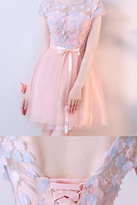 Pink A Line Tulle Cap Sleeves Short Homecoming Dresses With Flowers M5842