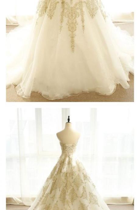 Simple Sweetheart Chapel Train Wedding Dresses With Gold Lace M5845