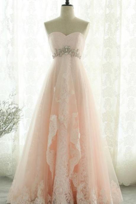Pink Sweetheart Beading Lace Tulle Lace Up Open Back A-line Long Prom Dress, Prom Dresses M5850