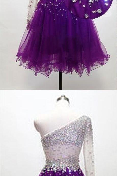 Grape Homecoming Dress,one Shoulder Homecoming Dresses,tulle Homecoming Gowns,short Prom Gown M5888