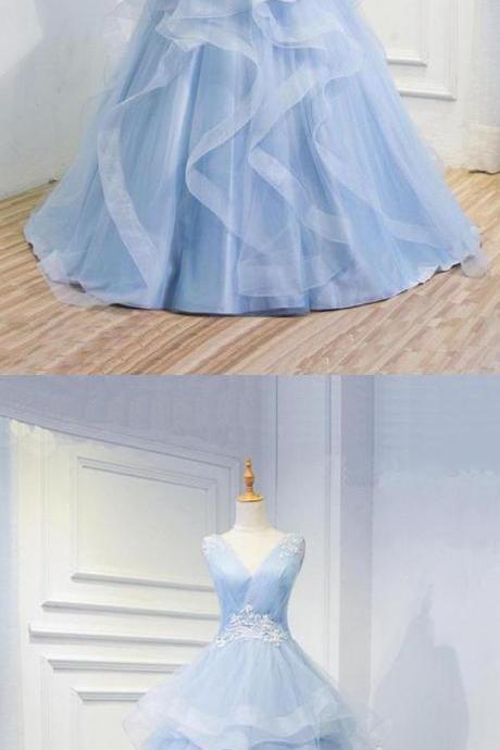 Blue Design Baby Blue Organza Long V Neck Halter Formal Prom Dress, Beaded Evening Dress M5892