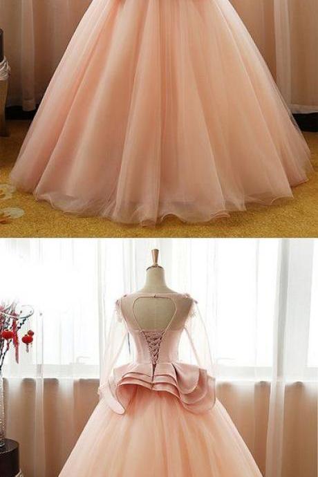 Pink Tulle Mid Sleeve Long Court Prom Dress With Bowknot, Long Satin Top Evening Dress M5897