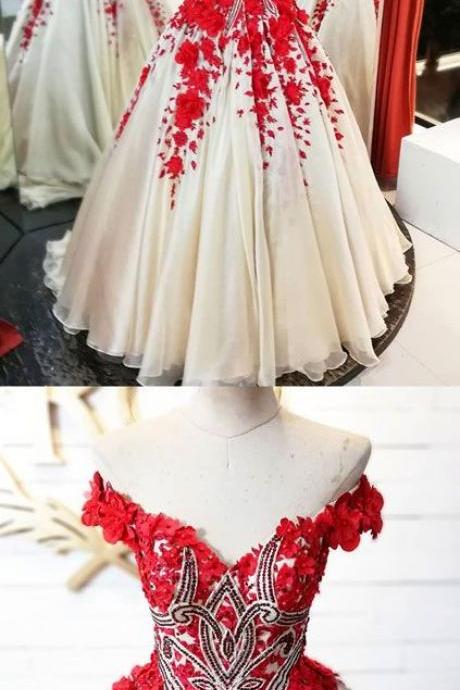 Red V Neck Tulle Applique Long Prom Dress, Red Evening Dress M5903