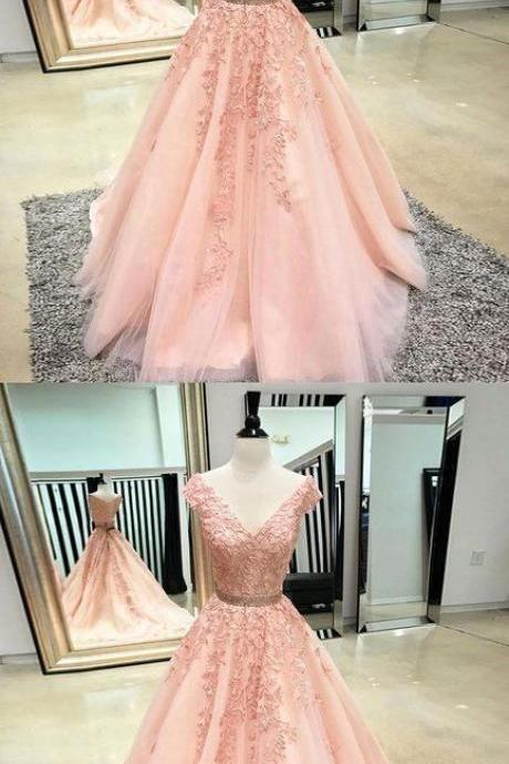 Pink V Neck Tulle Lace Applique Long Prom Dress, Pink Tulle Evening Dress M5907