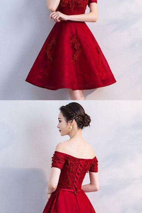 Burgundy Sweetheart Lace Tulle Short Prom Dress, Burgundy Bridesmaid Dress M5914