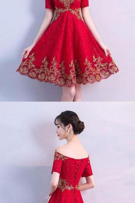 Burgundy Off Shoulder Tulle Lace Short Prom Dress, Burgundy Evening Dress M5915