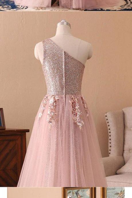 Chic A-line One Shoulder Sparkly Prom Dress Floor Length Prom Dresses Sleeveless Evening Dresses M5917