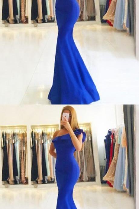 Modest Royal Blue Mermaid Prom Dresses, Simple One Shoulder Party Dresses With Ruffles, Elegant Floor Length Evening Gowns M5931