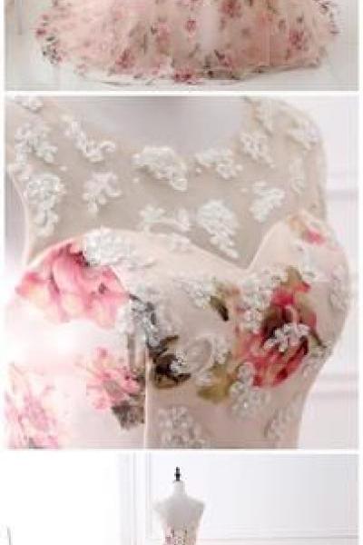 Unique Flower Fabric A-line Bateau Lace Long Evening Prom Dresses, Sparkly Sweet 16 Dresses M5936