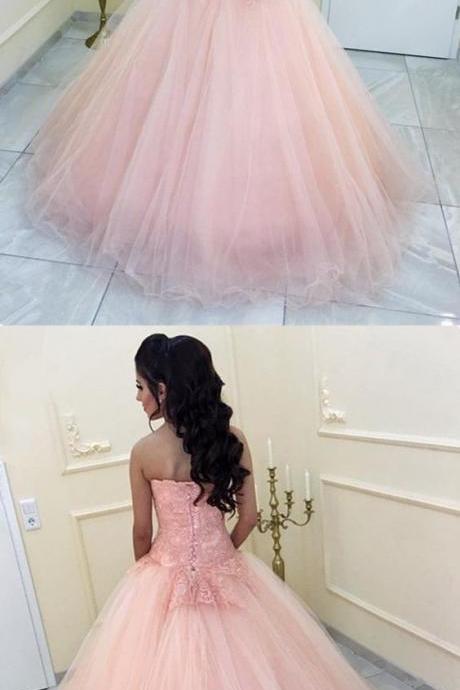 Elegant Lace Appliques Sweetheart Organza Ball Gowns Peach Quinceanera M5948