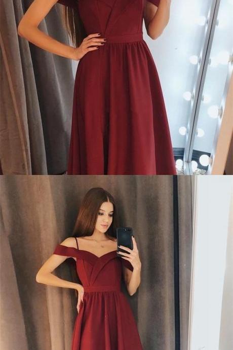 Charming Off The Shoulder Burgundy Satin Long Prom Dresses,beautiful Party Dresses M5970