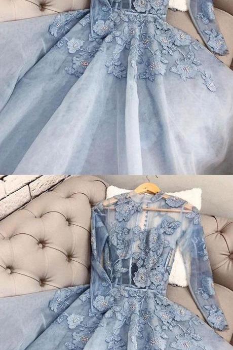 Blue Tulle Lace Applique Long Prom Dress, Blue Lace Formal Dress M5974