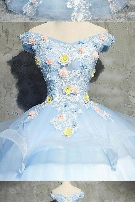 Blue Tulle Lace Applique Long Prom Gown, Blue Evening Dress M5977