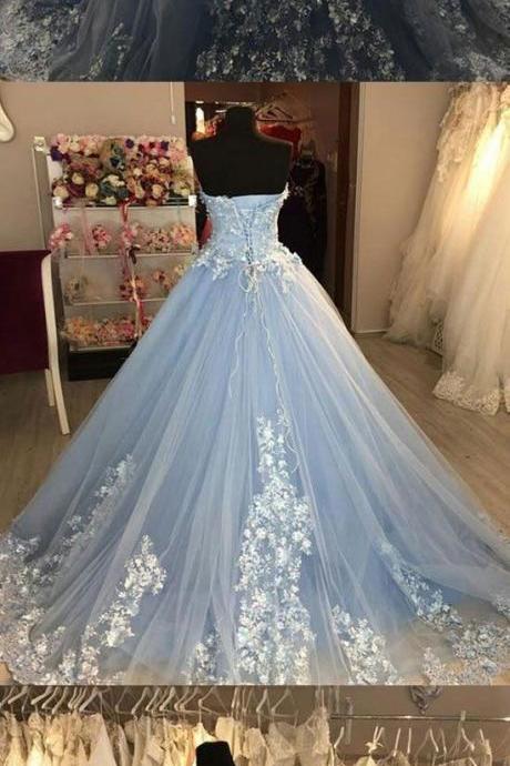 Blue Sweetheart Neck Tulle Lace Applique Long Prom Dress, Blue Evening Dress M5978