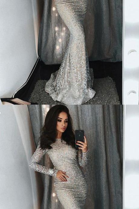 Mermaid Lace Prom Dress Vintage Sexy Silver Long Sleeve Prom Dress M5979