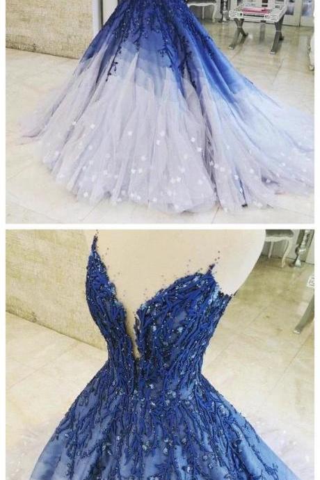 A-LINE OMBRE PROM DRESS WITH APPLIQUE ROYAL BLUE PROM DRESSES LONG EVENING DRESS M5981