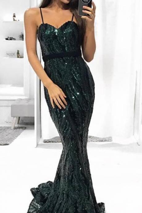 Stunning Dark Green Sequined Mermaid Prom Dresses,sexy Spaghetti Straps Long Prom Dress M5985