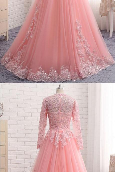 Pink Lace Customize Unique Long Formal Prom Dress With Sleeves M5993