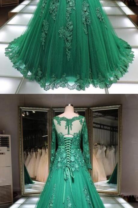 Green Lace Boat Neck Floor Length Handmade Formal Evening Dress With Long Sleeves M5994