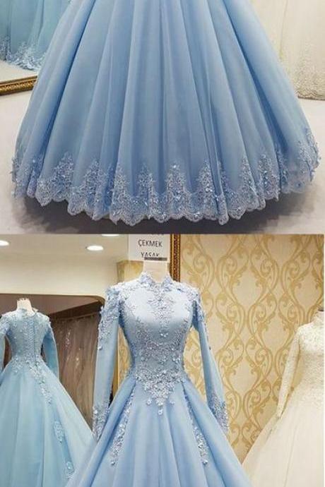 Blue Tulle Prom Dress, High Neck Customize Evening Dress ,party Dress With Long Sleeves M5995