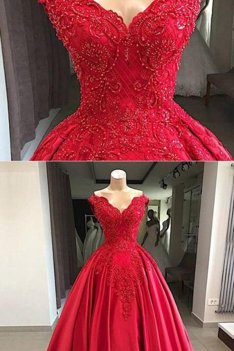 Red Satin Off Shoulder Customize Prom Gown, Long Beaded Evening Dress M5998