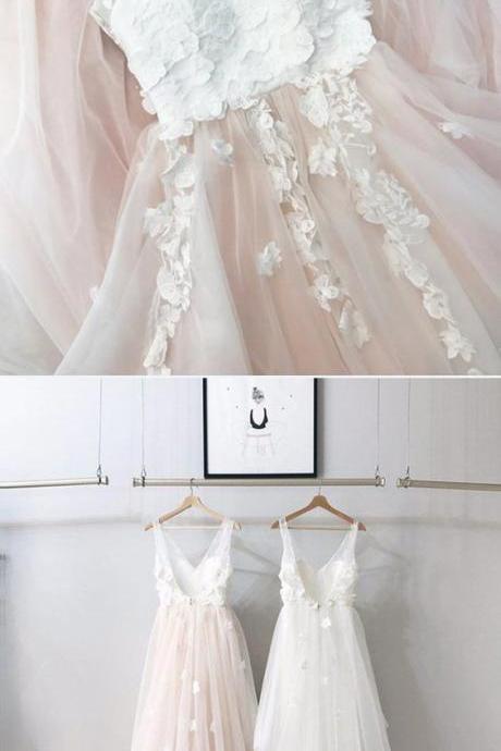 Blush Pink Tulle V Neck Long A Line Prom Dress, Evening Dress White Applique M5999