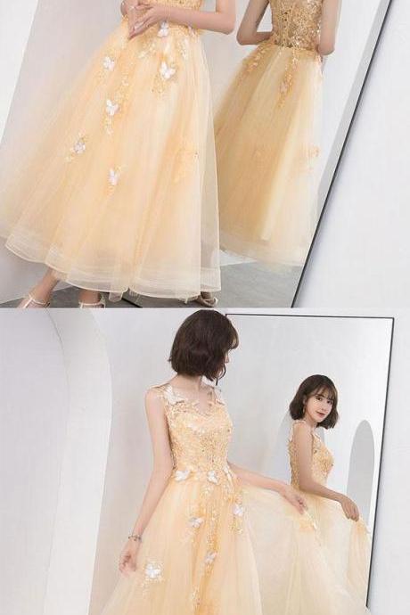 Gold v neck tulle lace short prom dress, gold homecoming dress M6028