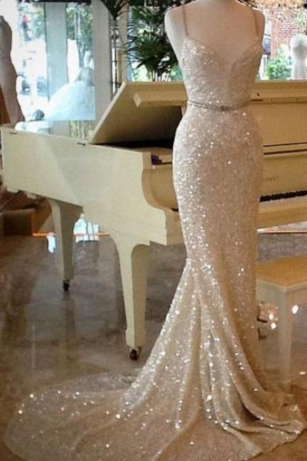Shining Champagne Sequins Party Dress,long Train Evening Dress ,prom Dresses M6041
