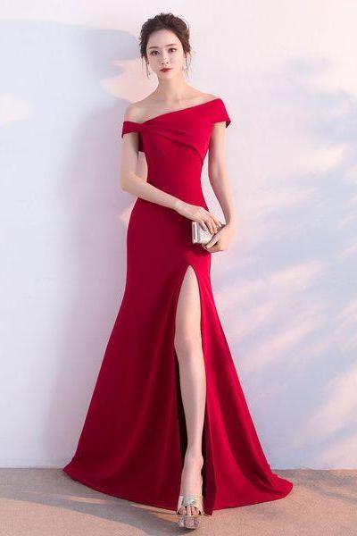 Burgundy Evening Dresses Off The Shoulder Formal Dress Sexy High Split Elastic Silk Like Satin Party Dress M6042