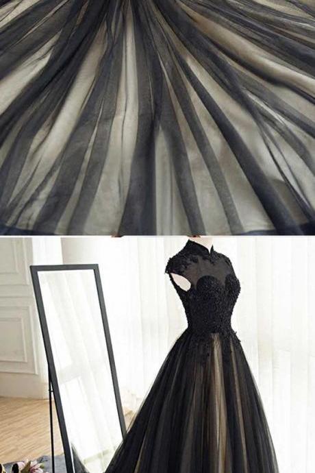 High Neck Appliqued Black Tulle Long Evening Dress M6047