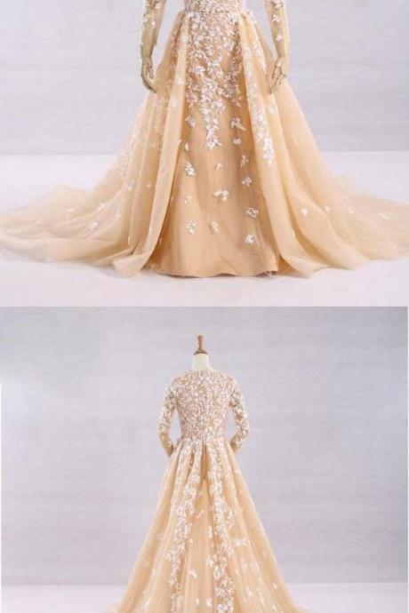 Pretty A-line V-neck Long Sleeves Tulle Floor Length Prom Dresses M6069