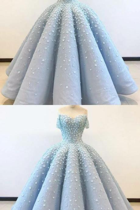 Off The Shoulder Ball Gown Light Blue Prom Dress With Flowers M6077