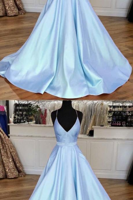 Light Blue Satin V-neck Cross Back Prom Dresses 2019 M6086