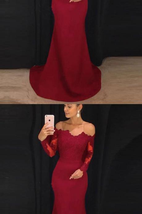 Elegant Fitted Long Sleeves Evening Gown Lace Appliqued Red Prom Dresses M6093