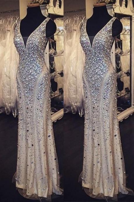 Beaded Prom Dress, Long Prom Dress, V-neck Prom Dress,sheath Evening Dress M6095