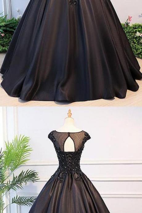 Ball Gown Round Neck Black Satin Cap Sleeves Prom Dresses With Lace M6102
