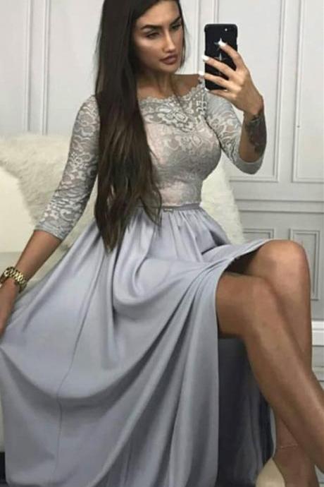 A-line Bateau 3/4 Sleeves Floor-length Light Grey Prom Dress With Lace M6110