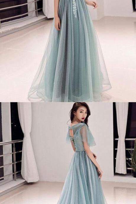 Green Round Neck Tulle Lace Long Prom Dress, Green Evening Dress M6151