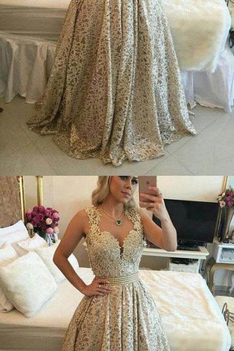 Stylish Gold Lace Long Prom Dresses Beaded Evening Dresses A-line Formal Dresses M6207